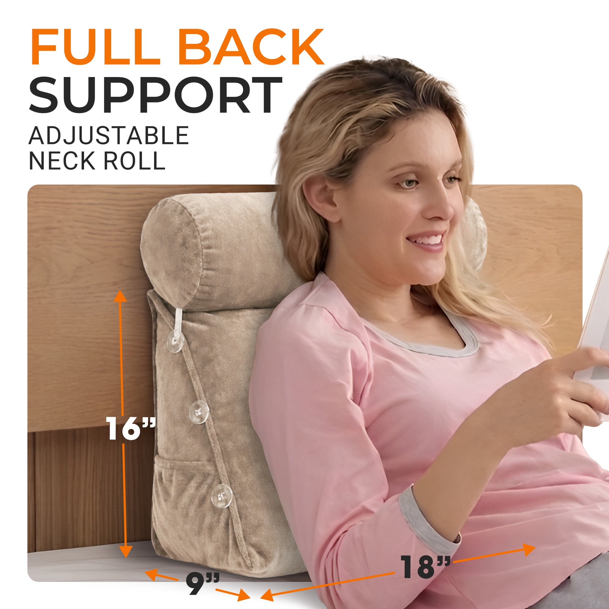 Cheer Collection Back Support Wedge Pillow with Adjustable Neck Pillow, Taupe