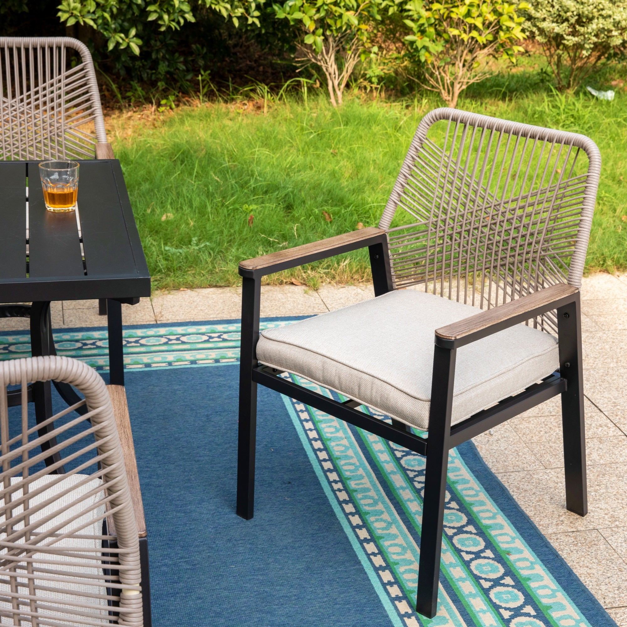 MF Studio 7-Piece Patio Dining Set with Cushioned Rattan Chairs and Rectangular Table for 6-Person, Black and Beige
