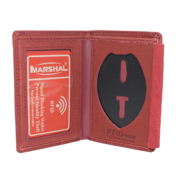 Marshal RFID Blocking Cowhide Leather Burgundy Slim Thin Bifold ID Money Wallet Oval Shape Badge Holder
