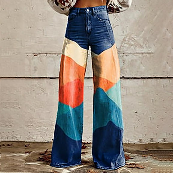 Women's Casual Pants Wide Leg Pants Women'S High Waisted Flower Patterned Pants Lightweight And Loose Casual Colorful Pants Heavyweight Pants,Blue Women's Casual Pants XXXL