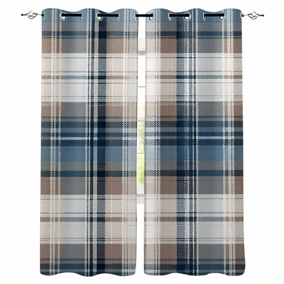 Blue Brown Plaid Blackout Curtains 96 Inches Long, Vintage Abstract Stripes Lattice Thermal Insulated Black Out Curtains, Darkening Window Curtain Drapes for Bedroom Living Room 52"x96" 2 Panels