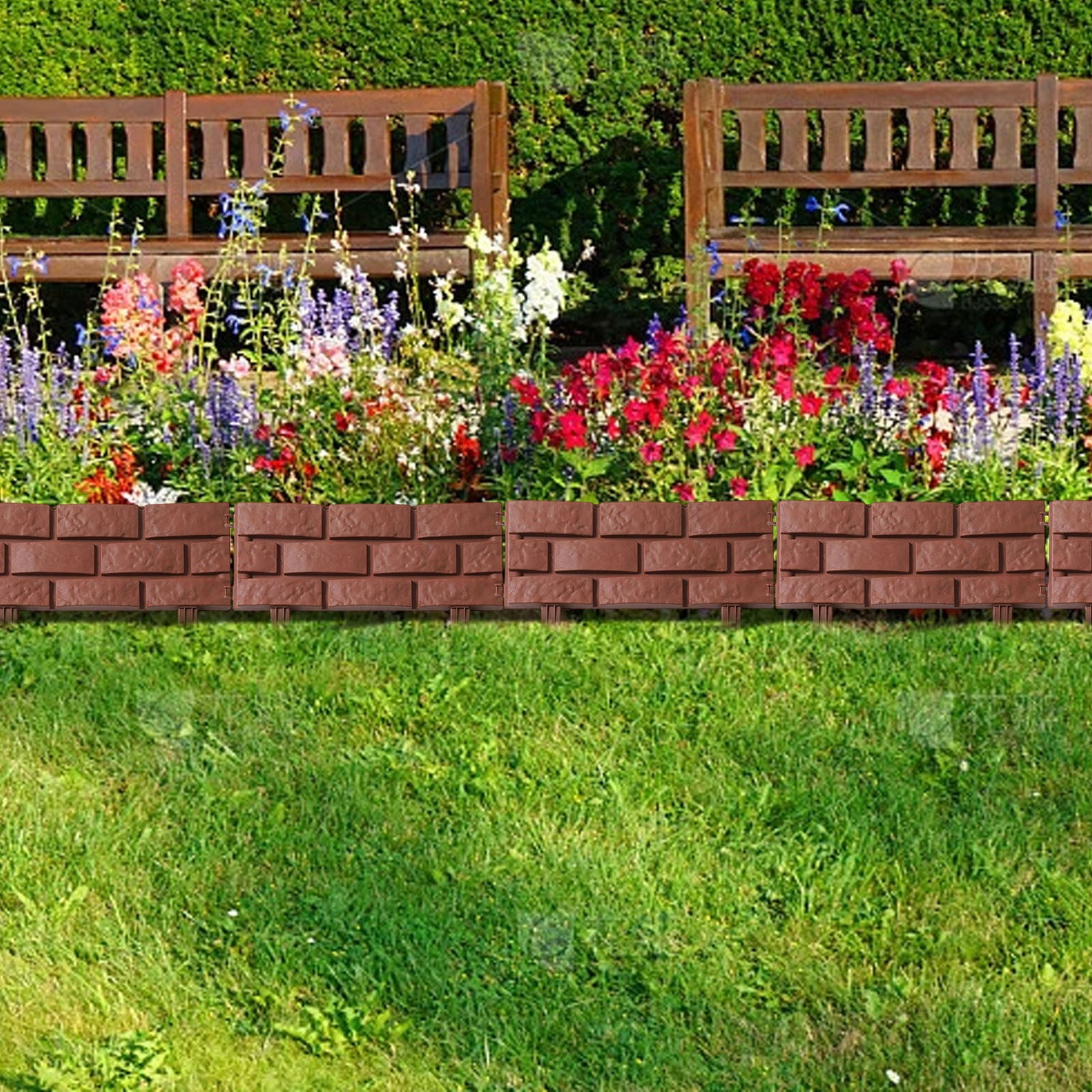 Plastic Garden Picket Fence Edging with Brick Design for Flowerbeds Grass Borders Weather Resistant Decorative Landscape Panels 4 Pack for Outdoor Yard and Vegetable Gardens Easy Install