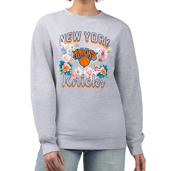 Women's G-III 4Her by Carl Banks Heather Gray New York Knicks Flowers Team Logo Graphic Fleece Crewneck Pullover