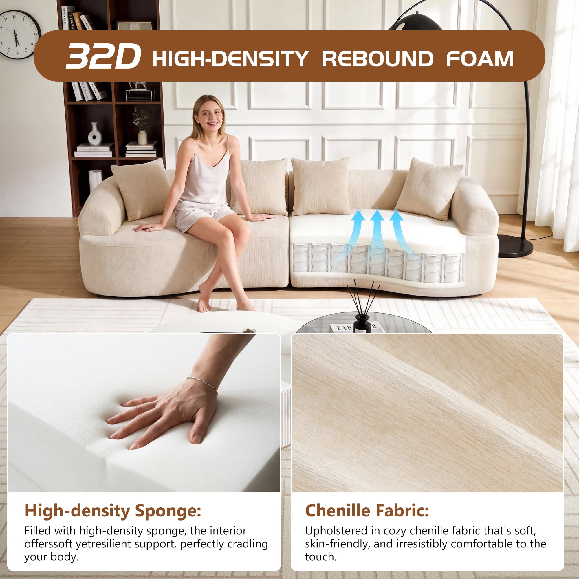 Leumius 108" Curved Boneless Sofa, Compression Modular Sectional, Chenille Couches Sleeper for Living Room Bedroom Apartment Lounge White