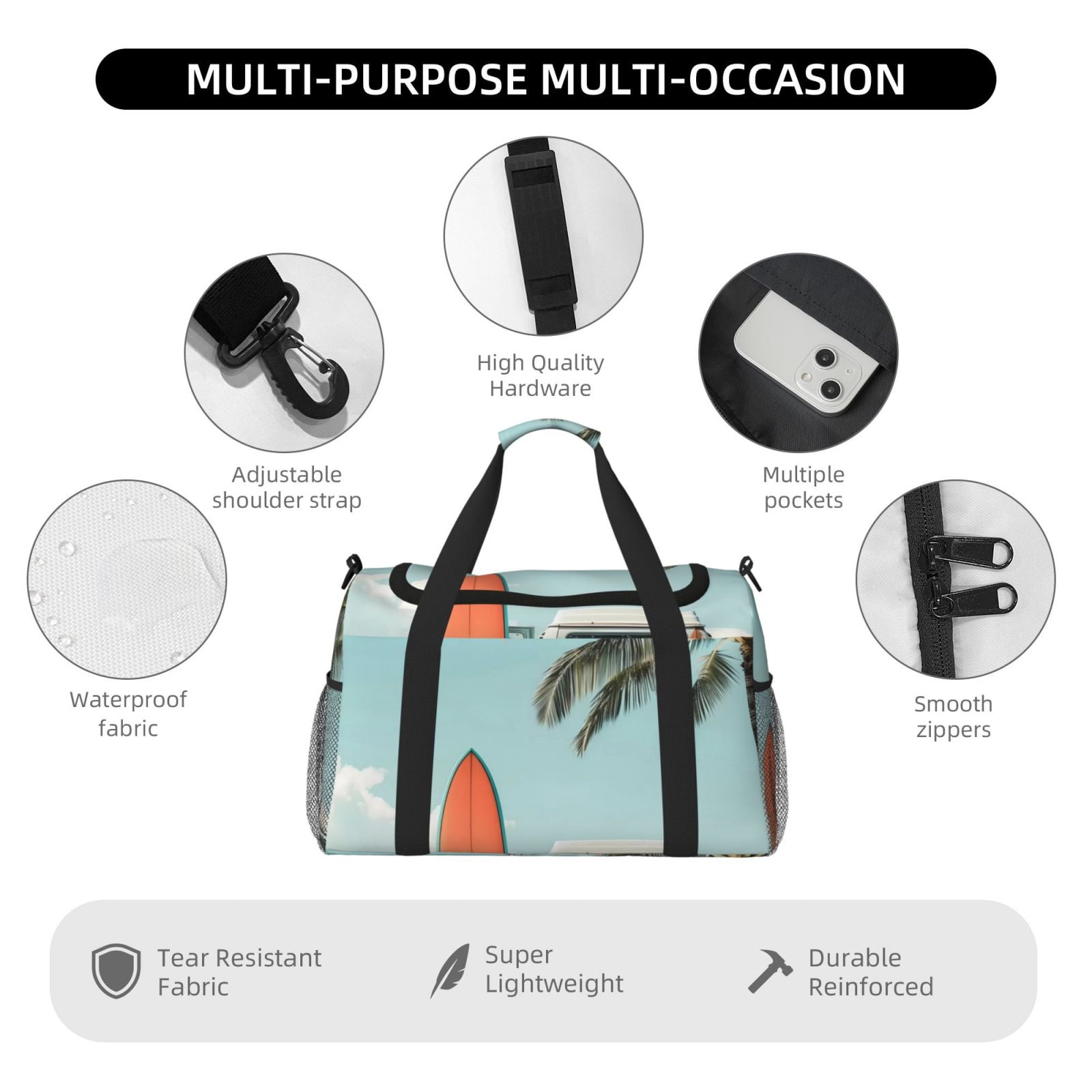 Fuzoiu Vintage Surf Van Beach Print Travel Duffle Bag,Carry On Tote Bags,Duffel Bag,Sport Gym Bag, Hospital Bag for Labor and Delivery, Overnight Bag,Luggage Bag