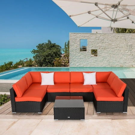 Kinbor 7pcs Outdoor Patio Furniture Sectional Pe Wicker Rattan Sofa Set Orange