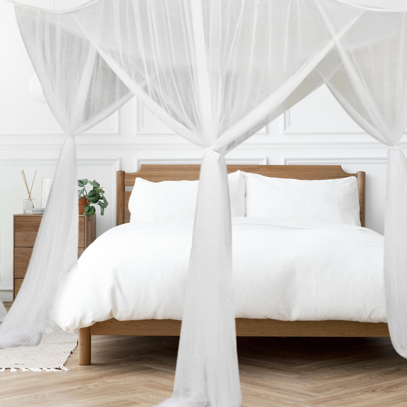 perfk 4 Corner Post Canopy Bed Curtain Bed Drape Hanging Bed Valance Netting for Women White