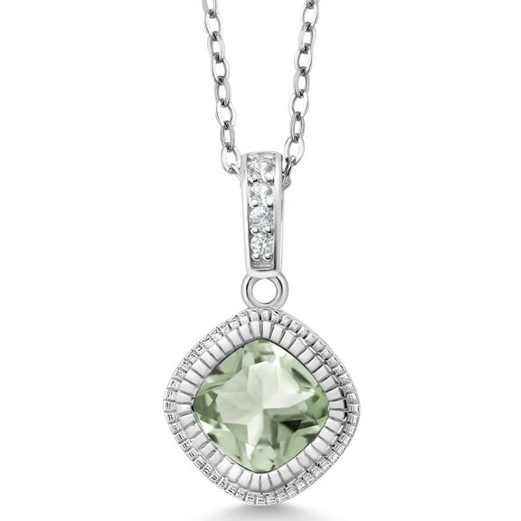Gem Stone King 1.45 Ct Cushion Green Prasiolite 925 Sterling Silver Pendant with Chain