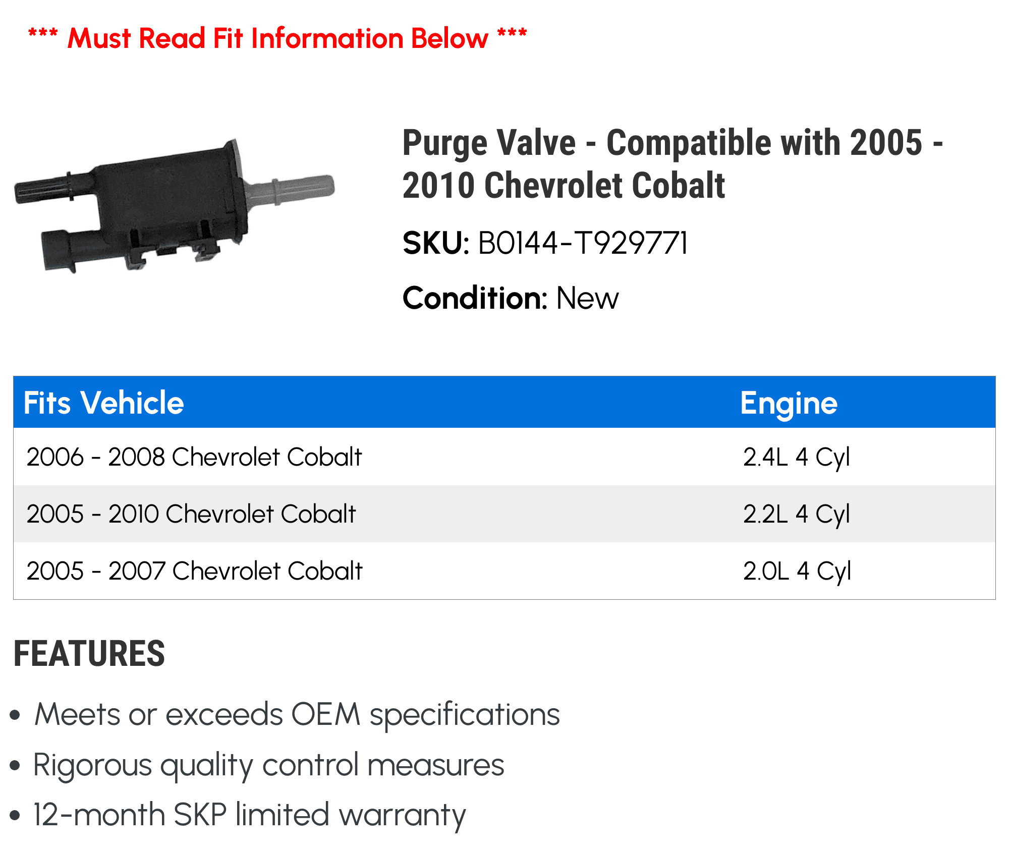 Purge Valve - Compatible with 2005 - 2010 Chevy Cobalt 2006 2007 2008 2009