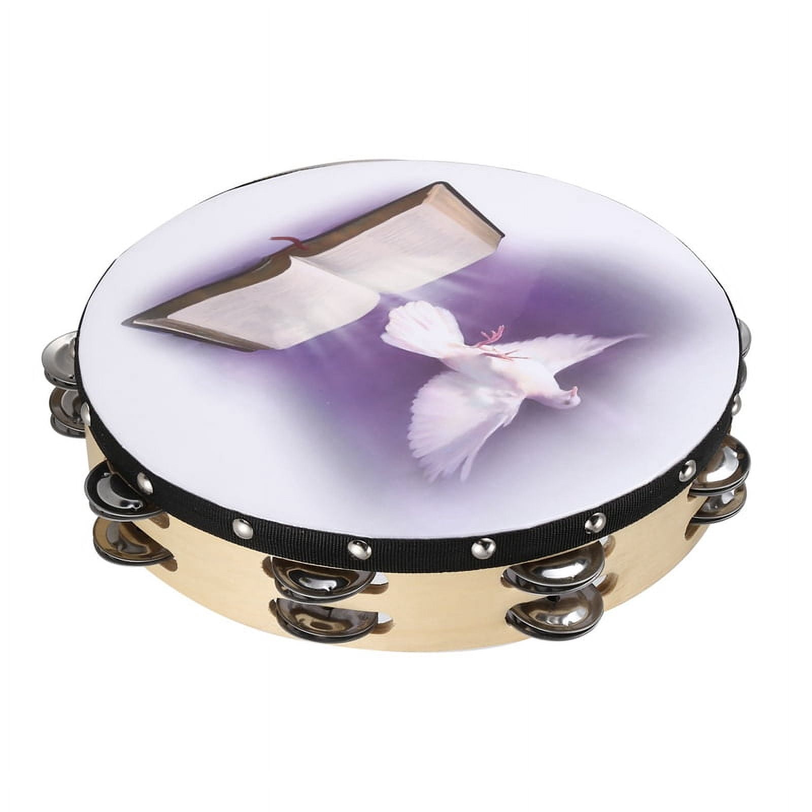 10 Inch Wooden Tambourine Pigeon Bible Music Percussion Instrument Tambourine Double Tambourine Row Jingle Percussion Instrument for Church