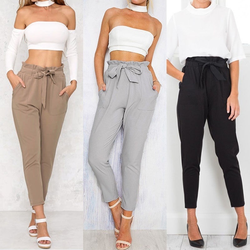 high waisted elastic trousers