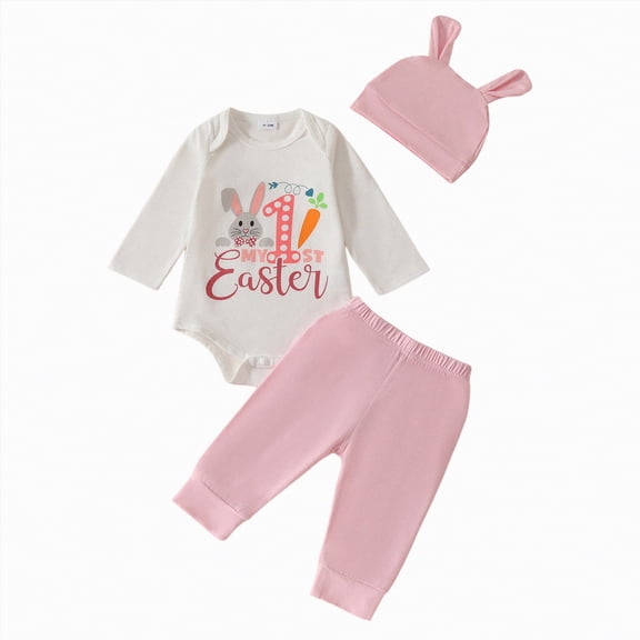 HCNTES Baby Girls Easter Clothing Set Cute My 1st Easter 3-Piece Outfit with Bunny Ear Hat Baby Girl Clothes 12 Months