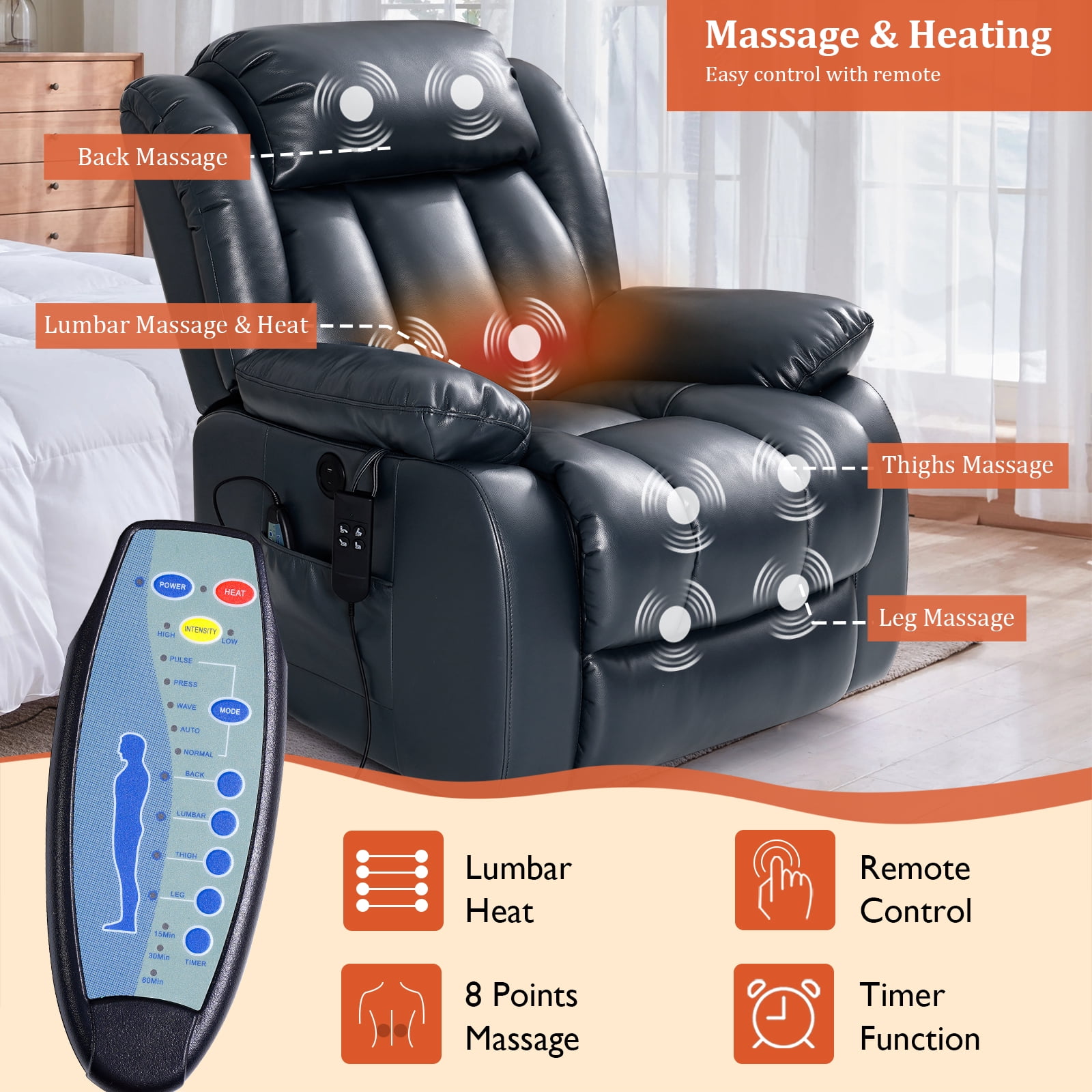 TEKAMON Infinite Position Lift Recliner Chair for Elderly with Heat and Massage Lay Flat Sleeping Leather Dual Motor Power Lift Chair for Living Room (Blue)