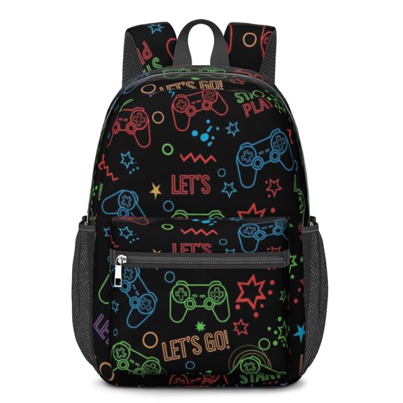 Game Controller Black Pattern 17" School Backpacks for Teens,Waterproof Oxford Fabric,S-Shape Padded Straps for School,Travel,Hiking,Camping