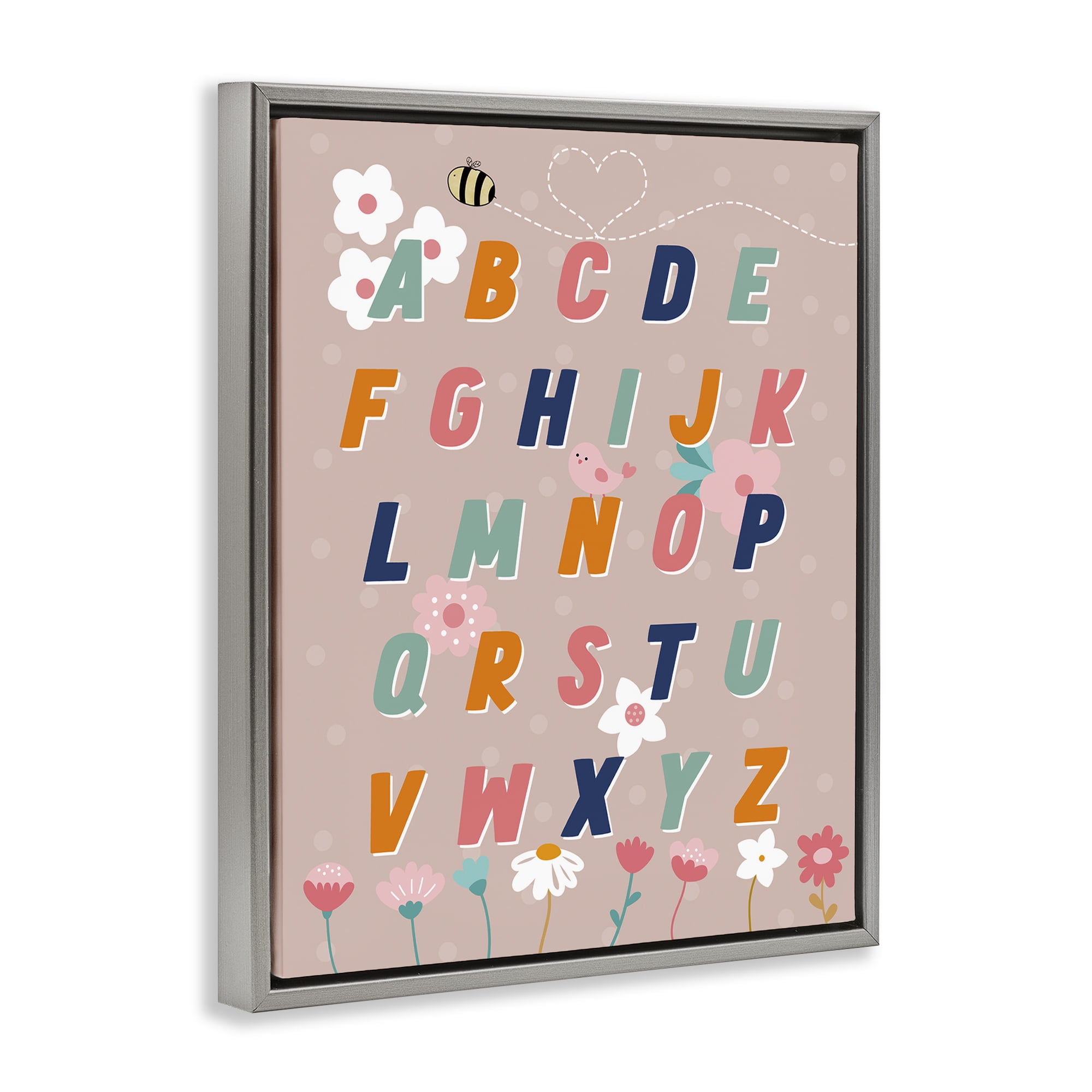 Stupell Industries Alphabet with Florals Botanical & Floral Painting Gray Floater Framed Art Print Wall Art, 17 x 21