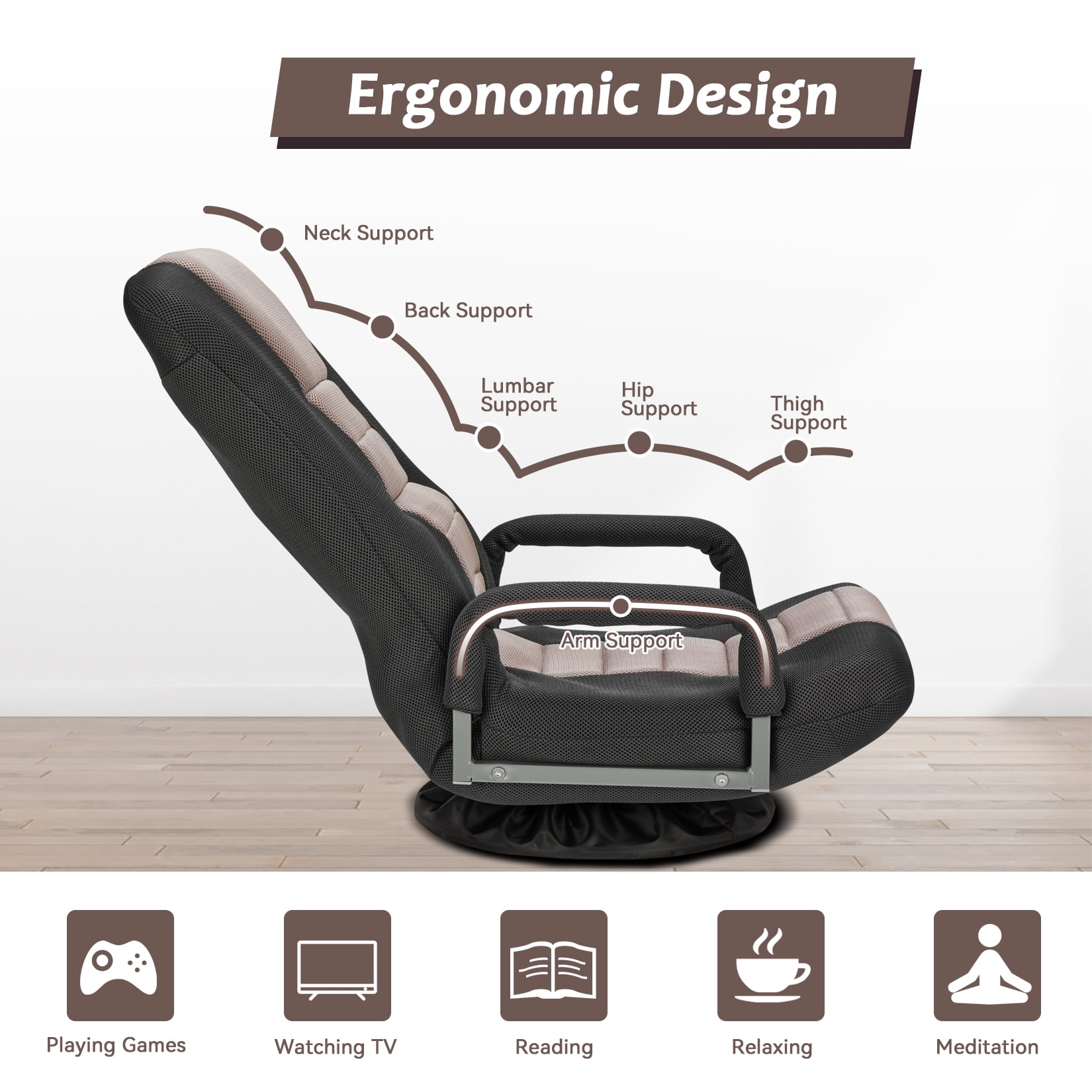 Avocahom Swivel Gaming Floor Chair w/ Armrest Handles, No Assembly gaming chair rocker, Folding Reclining Sofa w/6 Position Adjustable Backrest for Video Games, Watching TV, Reading,Gray