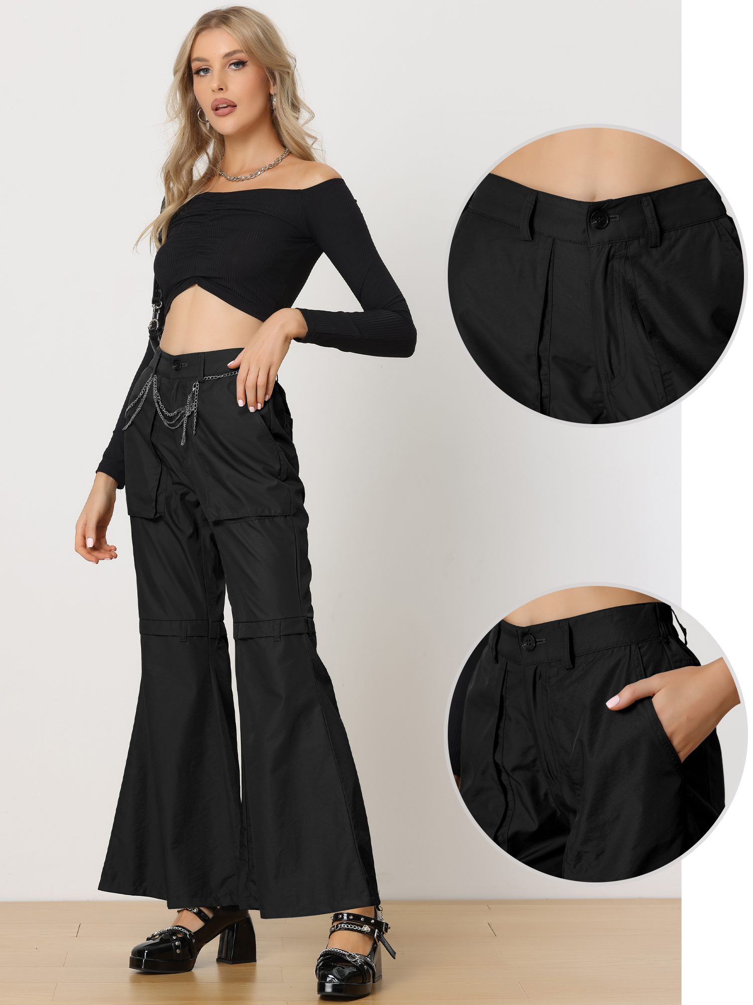DARING DIVA Women's Cargo Baggy High Waisted Wide Leg Casual Pants XS Black
