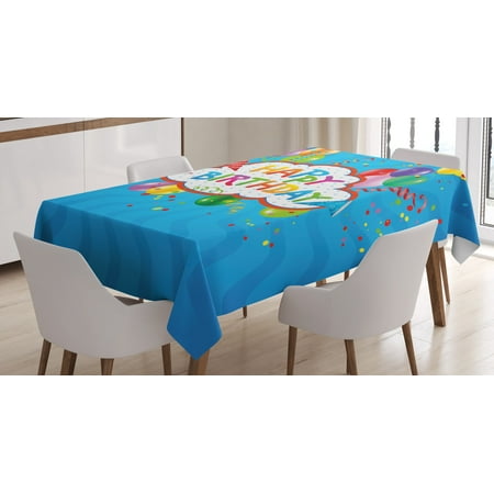 Birthday Decorations Tablecloth, Wavy Blue Backdrop with Greeting Text Party Hats Confetti Best Wishes, Rectangular Table Cover for Dining Room Kitchen, 60 X 84 Inches, Multicolor, by