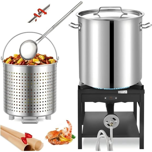 84QT Stainless Steel Seafood Boiling Turkey Fryer Kit with Strainer, 200,000BTU Propane Stove and 48" Large Spoon, Crab Crawfish Boil Pot and Burner for Outdoors Cooking and Steaming