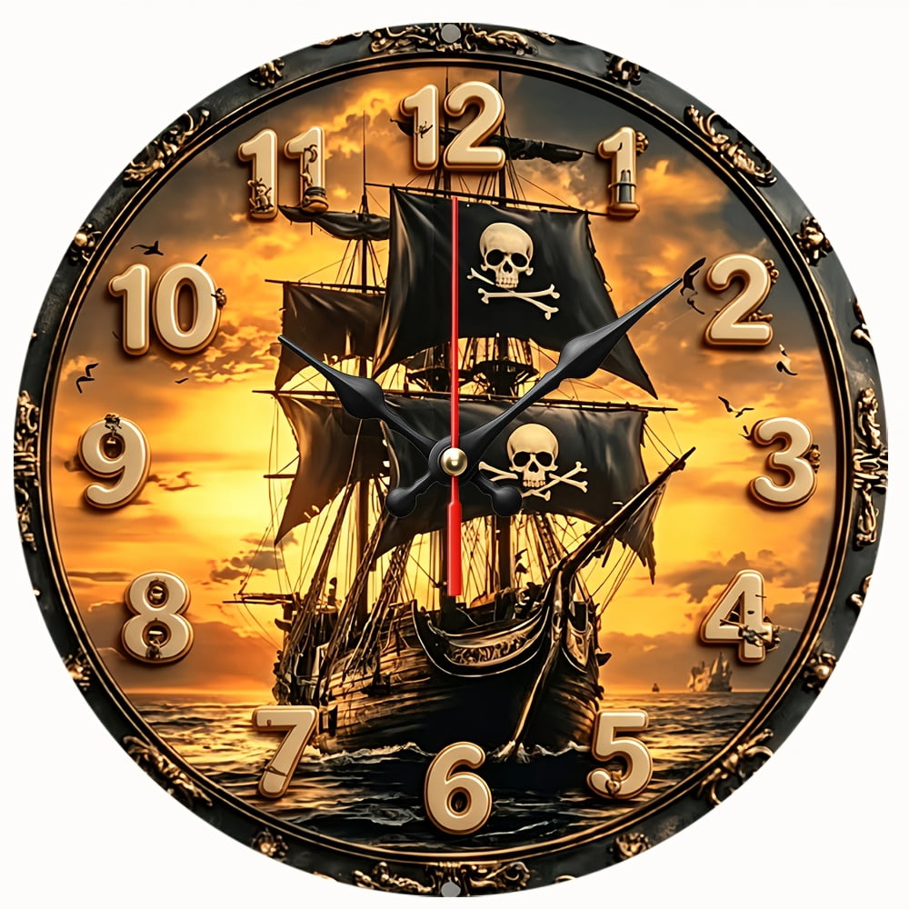 2D Flat Wooden Wall Clock,Pirate Skull Ship Wall Clock, Silent Non‑Ticking Round Wall Clock, Vintage Pirate Vessel Jolly Roger Art Decor Clock for Man Cave,AA Battery Not Included