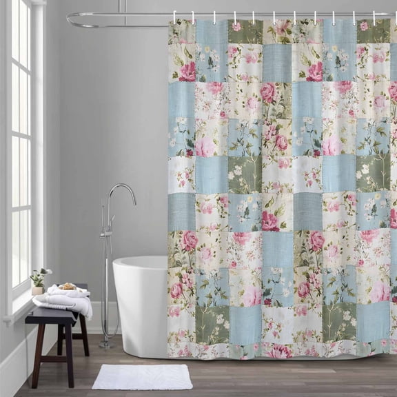 Blue Green Geometric Shower Curtain for Bathroom Decor, Pink Floral Waterproof Fabric Shower Curtain, 60"x72" Set with 12 Hooks
