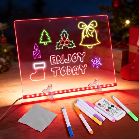 Luminous LED Drawing Board, 13.8" x 9.8" DIY Light Up Message Board with Markers, Stands, Hanging Chains, Remote, Adhesive Hooks, Erasable Creative Doodle Sign