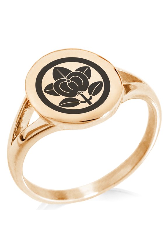 Stainless Steel Encircled Mandarin Kamon Crest Minimalist Oval Top Polished Statement Signet Ring