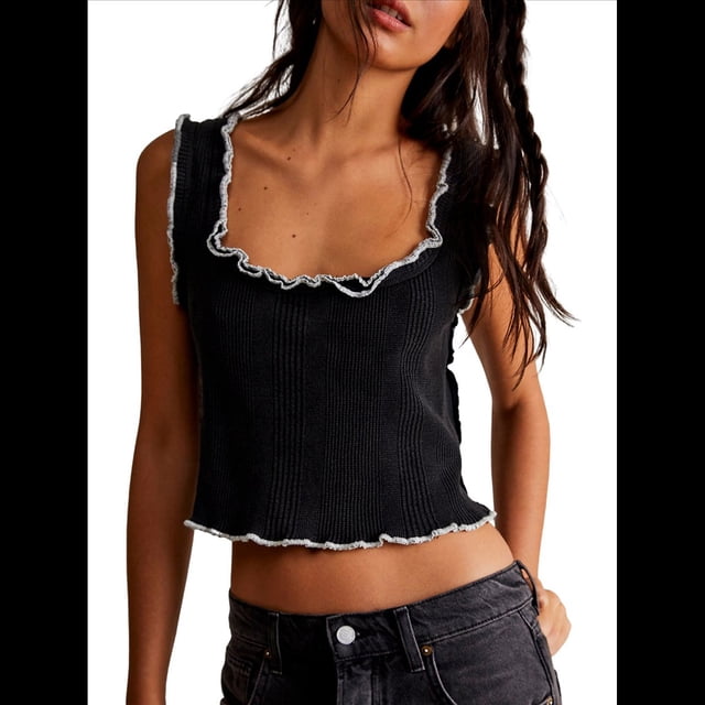 Camisola de Punto con Tirantes Anchos y Cuello Cuadrado Sin Mangas para Mujer, , de Verano Negro XXL