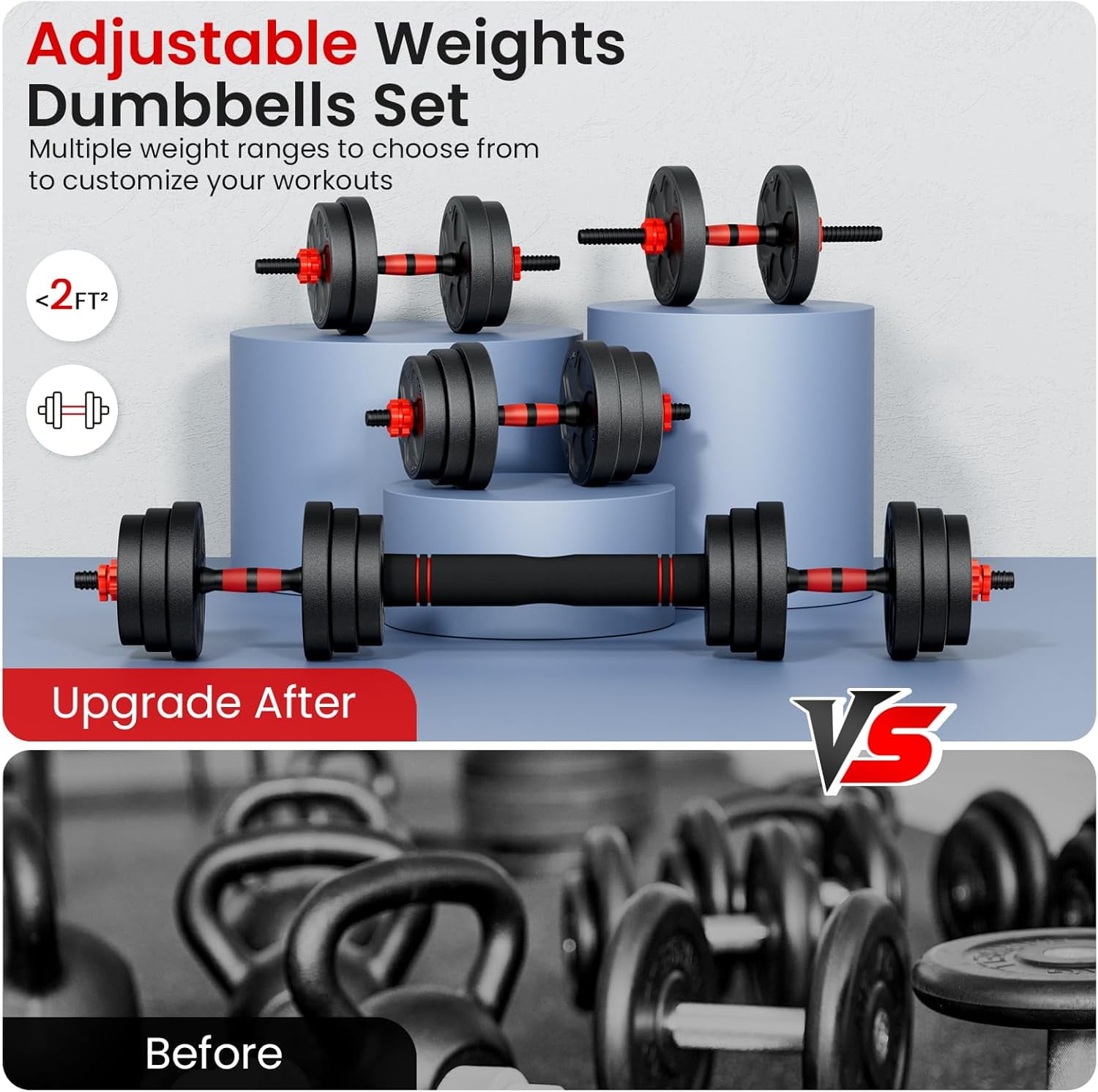 Adjustable Dumbbell Set 20-90lbs 5-in-1 Free Weight Kit with Connector Bar for Home Gym, Multi-Function Strength Training Equipment for Men Women