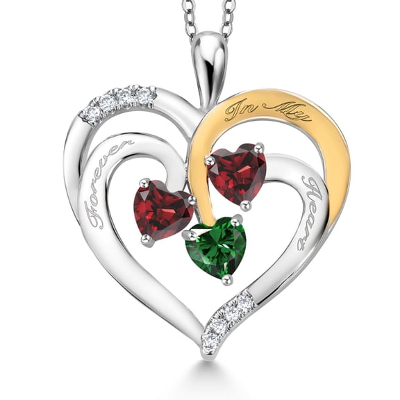 Gem Stone King Two Tone Red Garnet and Green Nano Emerald Created Moissanite `Forever in My Heart` Engraved Pendant Necklace for Women (1.70 cttw, Heart Shape 5MM, 18 inch Chain)