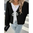 thumbnail image 4 of Women'S Tie Front Bow- Cardigan Sweaters Chunky Knit Long Puff Sleeve Trendy Fall Winter Jacket Coats Black XL, 4 of 5