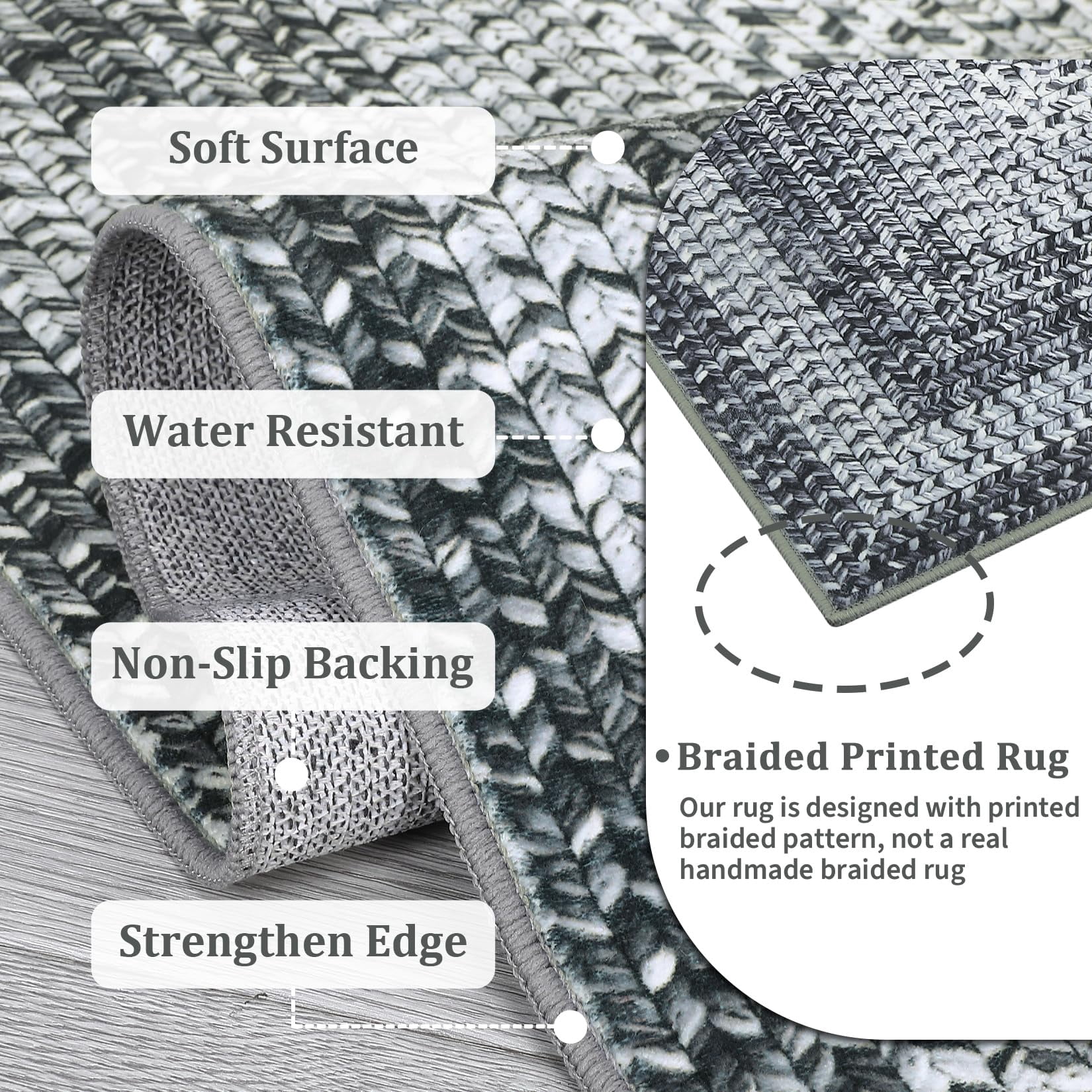 Modern Washable Area Rug 9'x12' Vintage Braided Print Non-Slip Low Pile Carpet for Living Room Bedroom Home Office, Gray