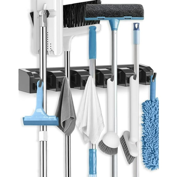 TVTUTPWY Rectangular Heavy Duty, Wall Mount Storage Broom, Mop Holder or Tool Organizer with Hooks and Slots for Home, Garage, Garden, Laundry, or Kitchen (Black)