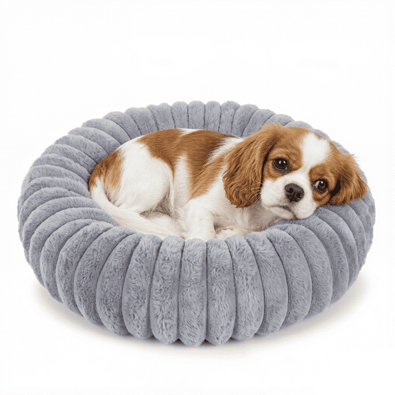 Exclusivo Mezcla Calming Donut Dog Bed with Non-Slip Bottom, 20 inches Cozy Fluffy Faux Rabbit Fur Round Pet Bed for Small Dogs, Light Grey