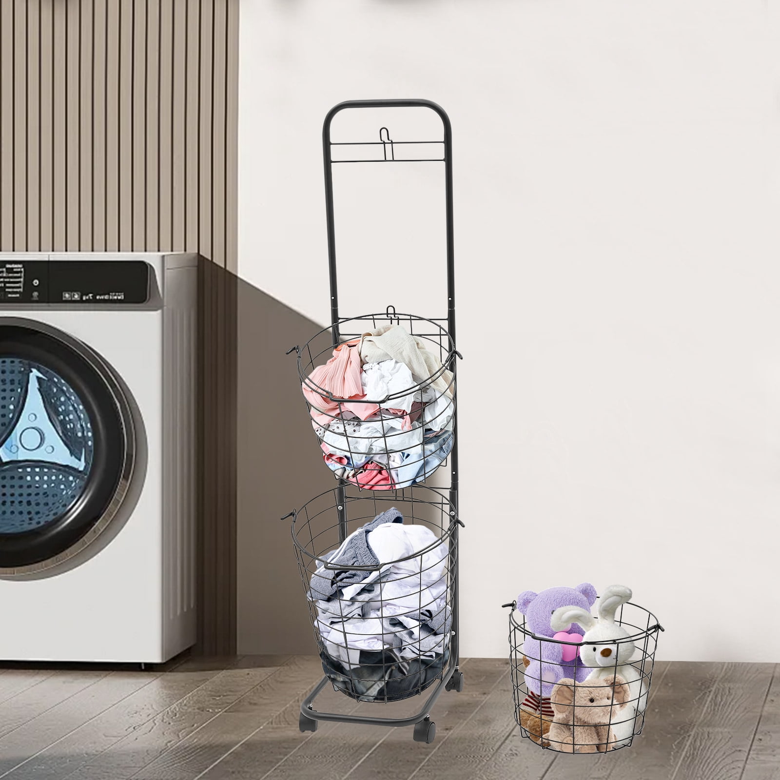 Miumaeov 3 Tier Rolling Laundry Hamper with Removable Wire Basket,Clothing Sorting Laundry Baskets Portable Sorter Storage Trolley Shelf Basket