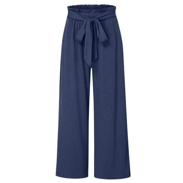 Gibobby pantalones anchos mujer Pantalones de pierna ancha para mujer Pantalones palazzo de talle con cinturón Pantalones de playa casuales de verano fluidos y holgados con bolsillos (Azul, L)