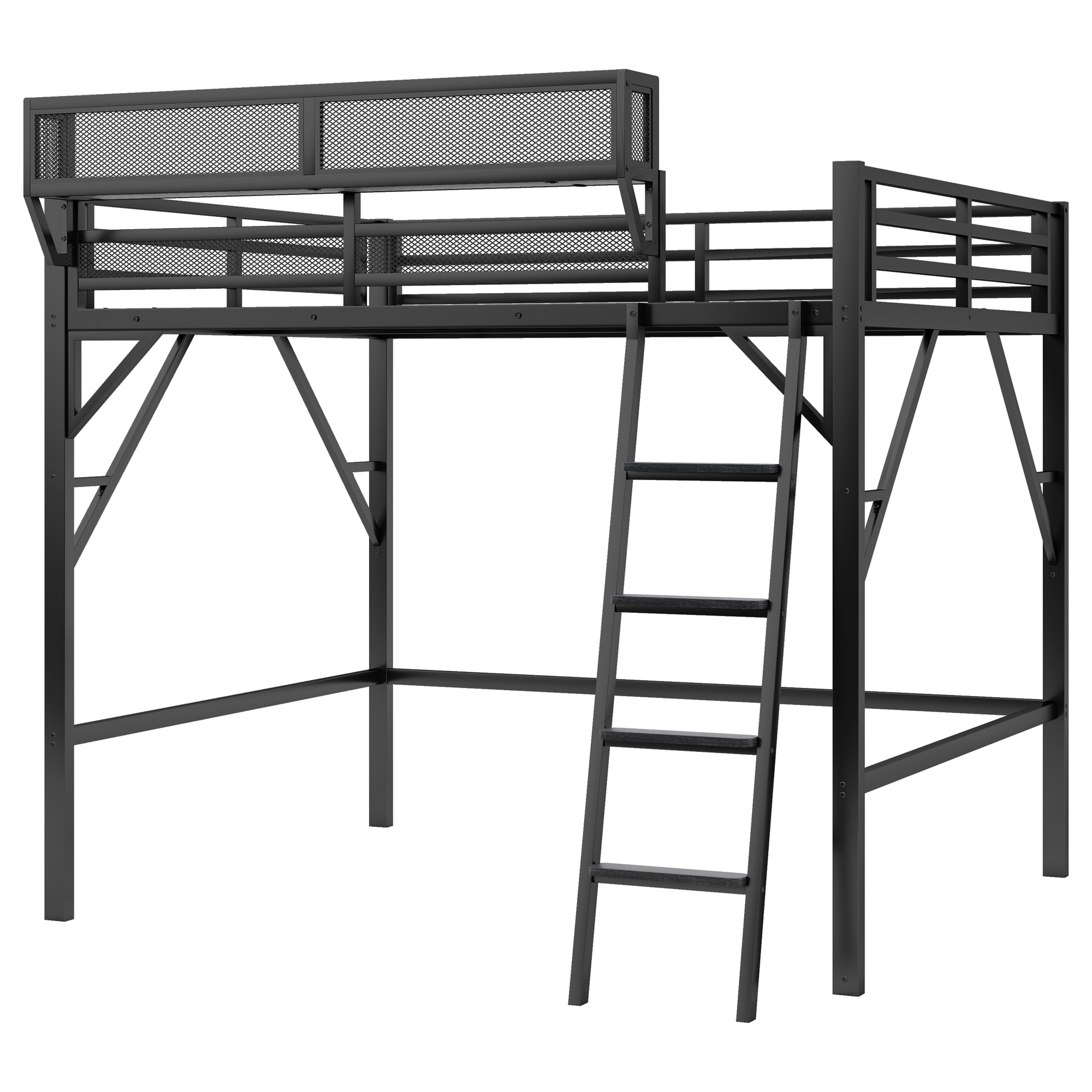 Queen Size Loft Bed with Ladder, Metal Loft Bed with Storage Shelves, High Loft Bed for Kids Teens, Black