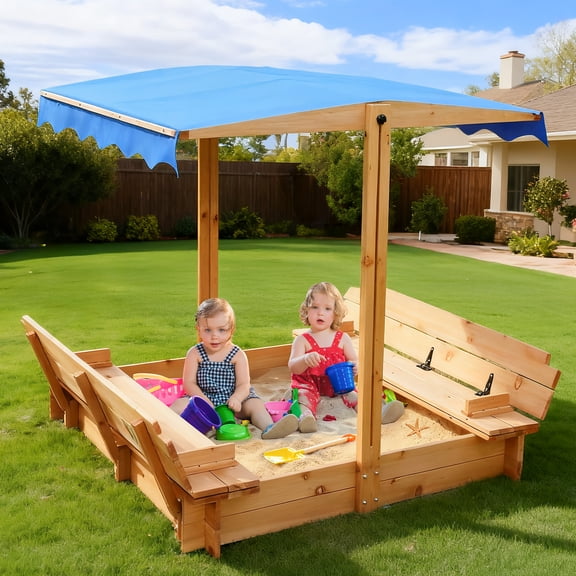FUNTOK Wooden Sandbox with Cover & Canopy Adjustable in Height Angle, 48x48" Sand Box for Kids w/ 2 Foldable Bench Seats , 2 in 1 Kid Outdoor Sandbox w/ Lid for Backyard Lawn Beach