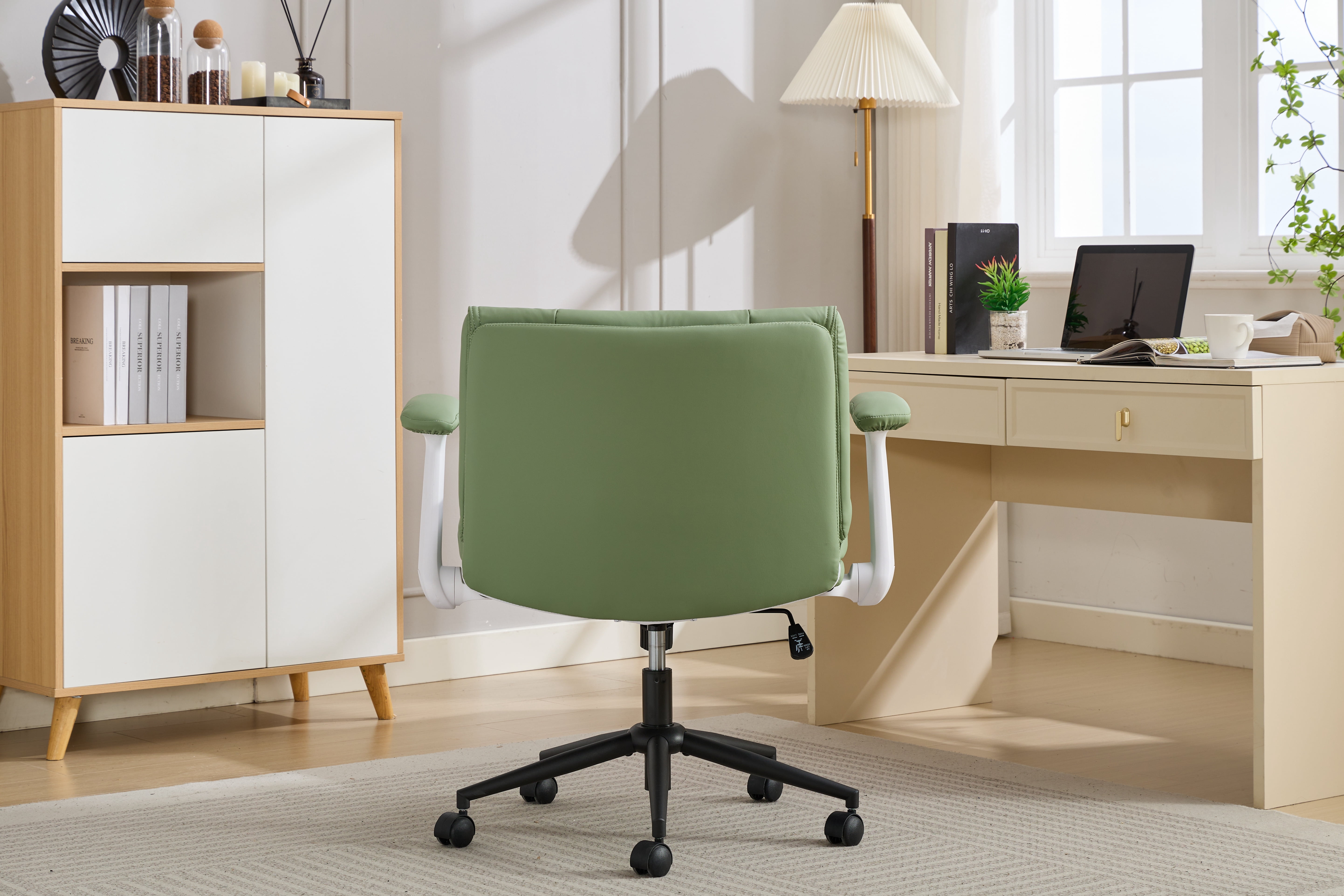 Faux Leather Cross Legged Office Chair with Flip-Up Armrests, 360° Swivel Height Adjustable Ergonomic Desk Chair 90°-120° Reclining for Home Office Vanity, Supports 300LBS