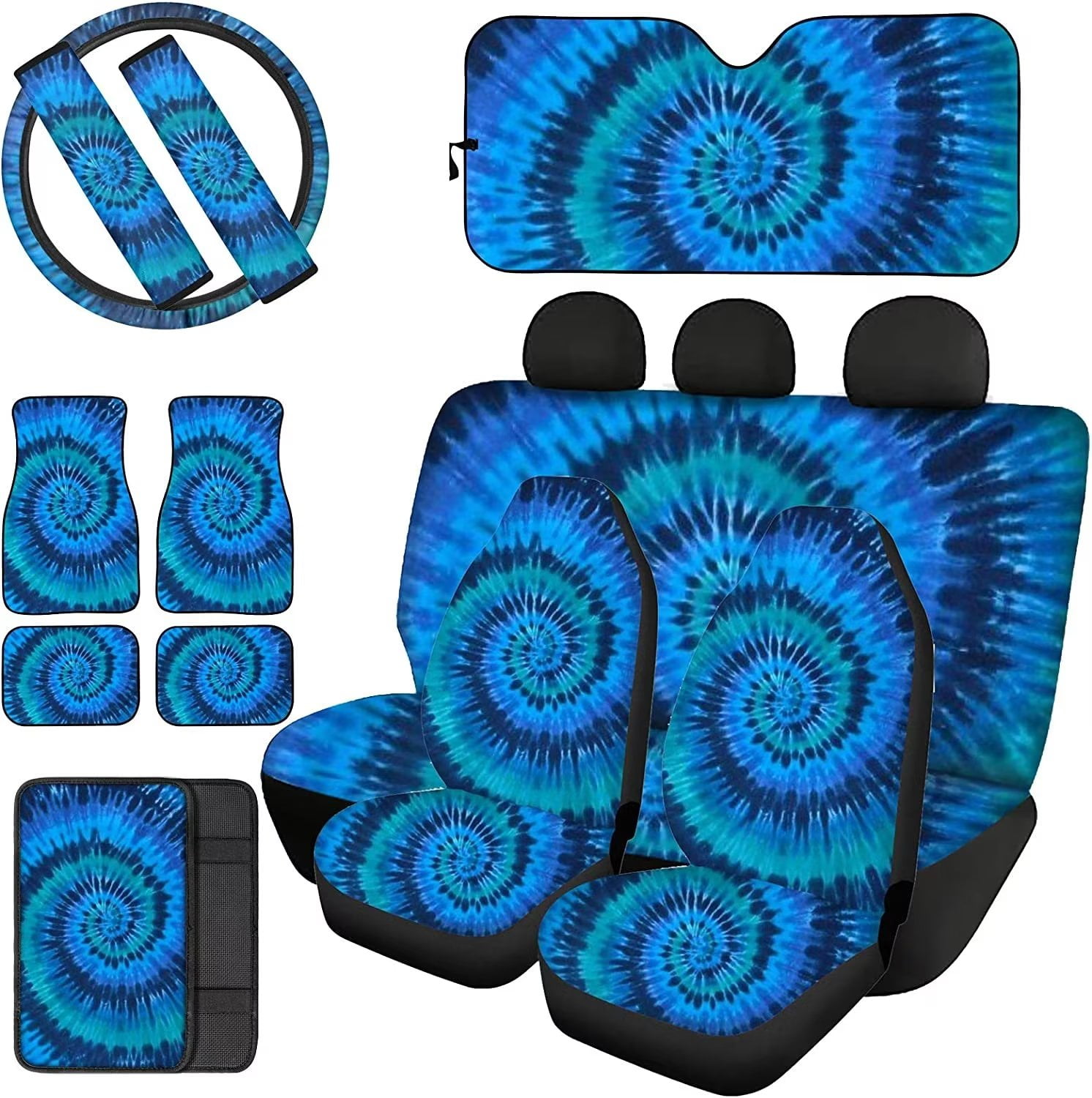 Pzuqiu Blue Tie Dye Car Seat Covers + Sunshade for Windshields + Floor