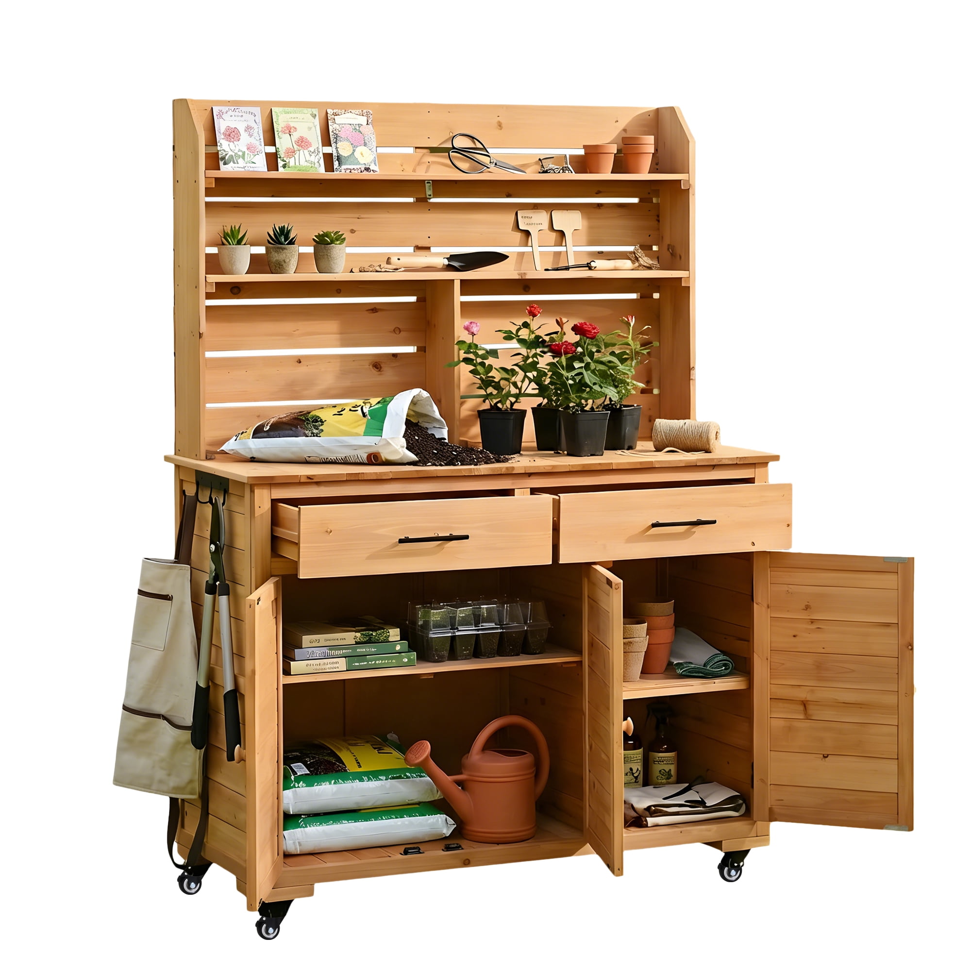 Mintazer 65"H Rolling Outdoor Potting Bench with 2 Drawers & Storage Cabinet, Farmhouse Kitchen Island Prep Cart with Hutch Top & Shelves, Natural