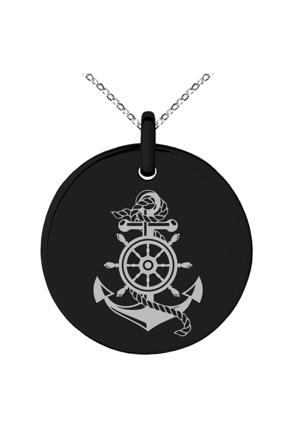 Stainless Steel Nautical Ship Helm & Anchor Engraved Small Medallion Circle Charm Pendant Necklace