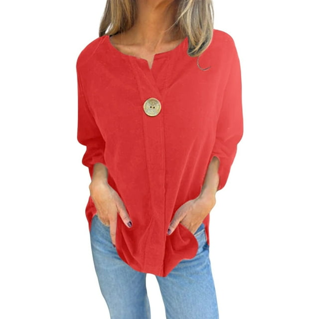 ManxiVoo Blouse Décontractée à Manches Longues pour Femmes Chemise Tendance Printemps Été Coupe Décontractée en Velours Côtelé Taille m Rouge