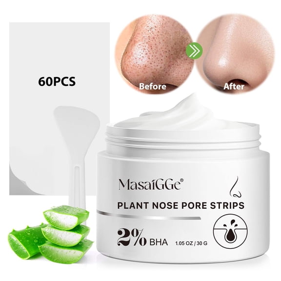 MasaiGGe 2% BHA Plant Nose Pore Strips, Nose Pore Care Mask for Excess Oil & Surface Buildup, Helps Smooth Skin Appearance & Refresh Pores, Suitable for All Skin MasaiGGe Types, 1.05 oz / 30g