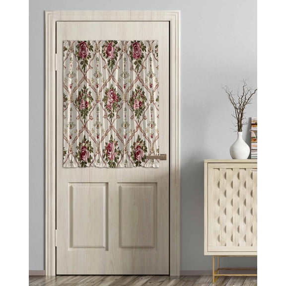 Vintage Pink Red Floral Blackout Curtains French Door Curtains for Door Window, Farmhouse Flower Green Leaf Privacy Drapery for Patio/Sidelight Doors, 1 Panel with Tieback, 54 x 40 Inches