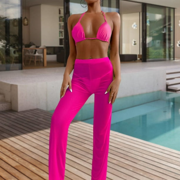 Traje de bano Conjunto de bikini para mujer Halter Traje de bano de 3 piezas Malla con pantalones para cubrir Rose Red M Ygjytge Rosa roja T M para Mujer Walmart en linea