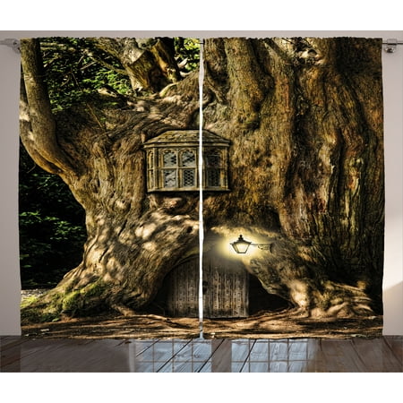 Fantasy Curtains 2 Panels Set, Fairytale House in Tree Trunk in Forest with Lanterns Folk Stories Themed Design, Window Drapes for Living Room Bedroom, 108W X 96L Inches, Umber Brown, by
