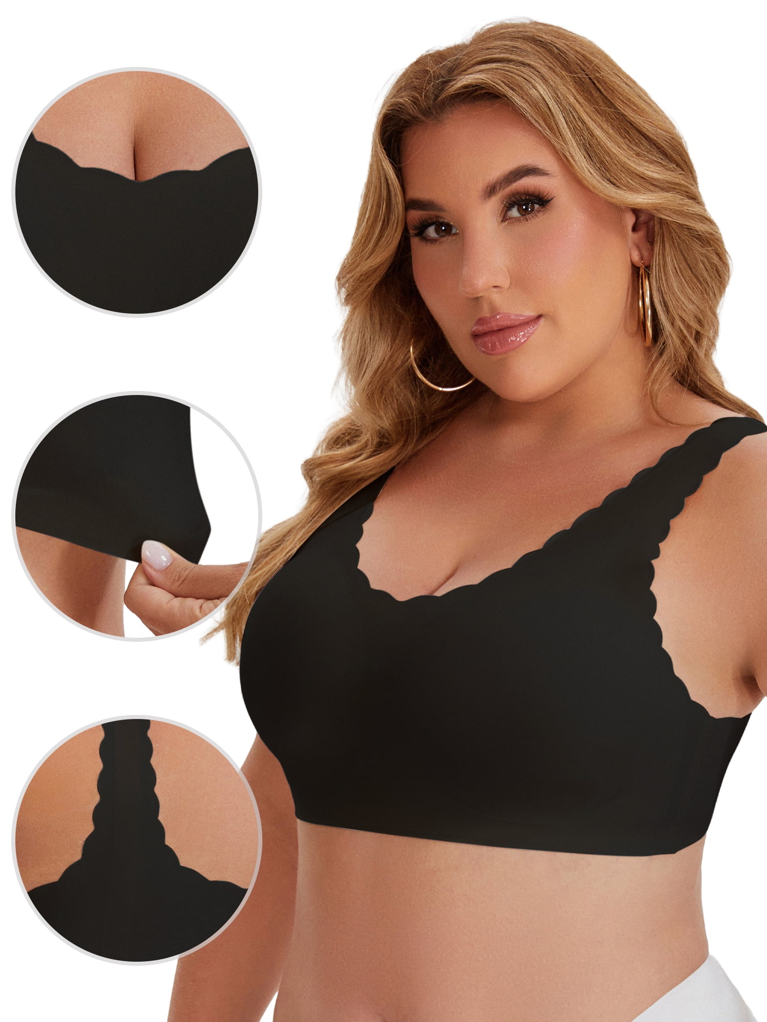 DARING DIVA Women's Plus Size Bras Waved Edge Wireless Push Up Tshirt Bralettes 3XL Black