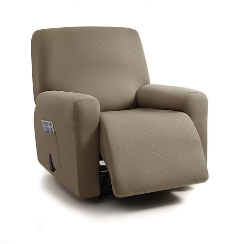 ULTICOR Squared Jacquard Design, 4-Piece, 1 Seat Recliner Cover, Reclining Chair Covers for 1 Cushion Reclining Sofa, Single Seat Recliner Couch Cover, Washable (Recliner Cover, Taupe)