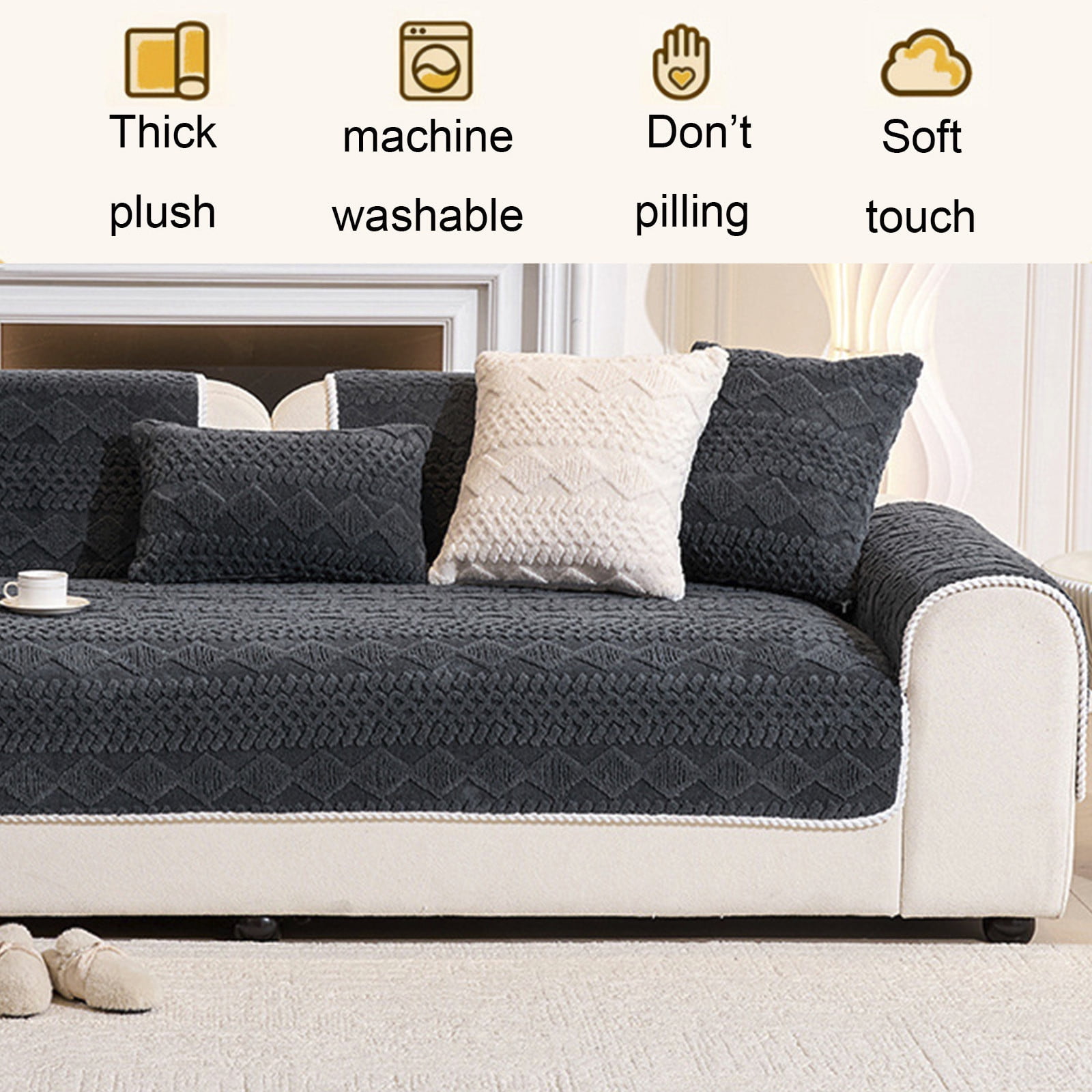 Plush Sofa Cover Non Slip Washable, Thick Soft Couch Cushion Protector for Pets, Anti Scratch Furniture Cover Blanket for Three Seater Sofa Living Room All Season Use